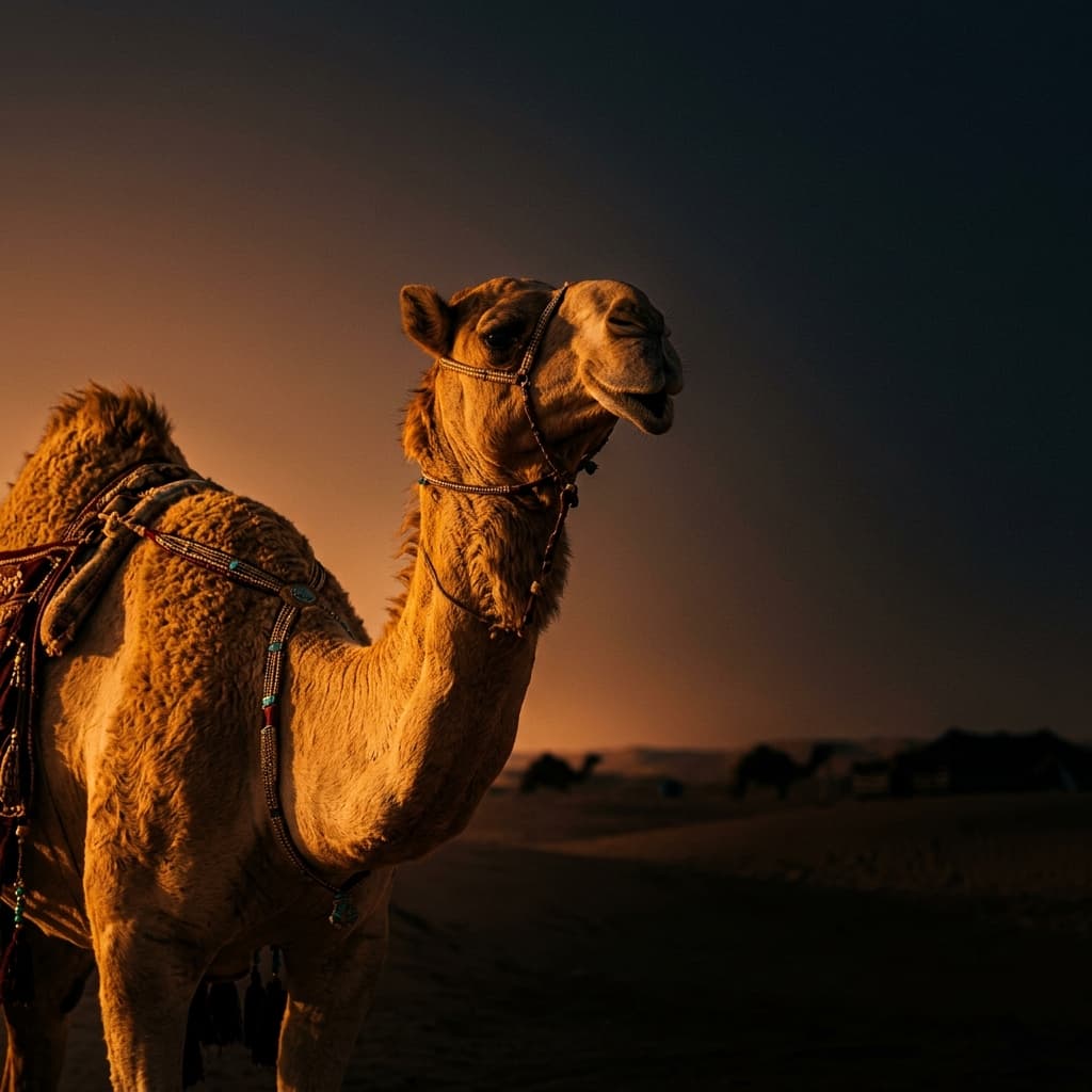 ناقة مزاين منقية في صحراء السعودية بأضواء الغروب